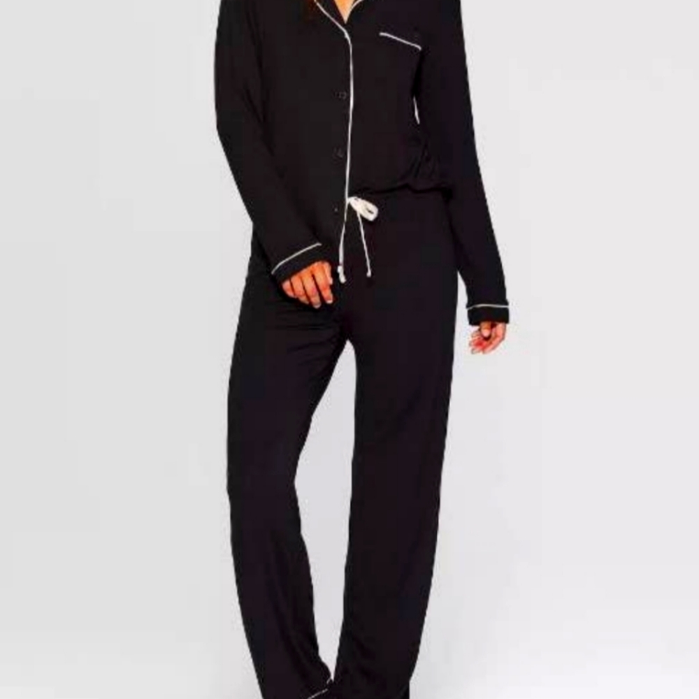 NWT New Black White Trim Cotton 2 Piece Pj Set w/Eye Mask
